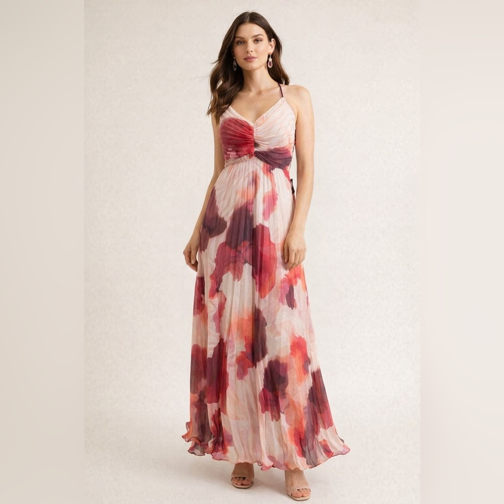 NWT Express L Watercolor Floral Maxi Dress Flowy Chiffon Pleated Empire Waist